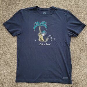 Life Is Good Blue Crusher T-shirt- Palm Tree -Medium